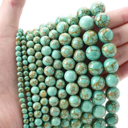 Natural Stone Bead Green Golden Thread Pine Round Loose Beads for Jewelry Making DIY Bracelet Necklace Accessories 4/6/8/10/12mm