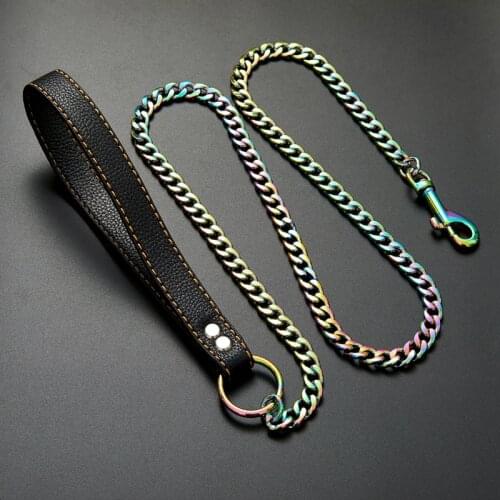 Durable Anti-Bite Metal Dog Chain Lead For Large Dogs Stainless Steel Chain Leash Handle Leads PU Leather Pet Accessories