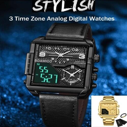 2021BOAMIGO Multiple Time Zone Analog Digital Quartz Watches Men Luxury Gold Steel Sport Square Watch Fashion Waterproof Clock