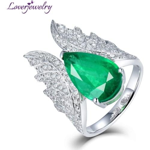 Angel Wings Rings Women 18Kt White Gold Natural Heart Cut Emerald Stones Genuine Diamonds Engagement Ring For Yound Lady Jewelry