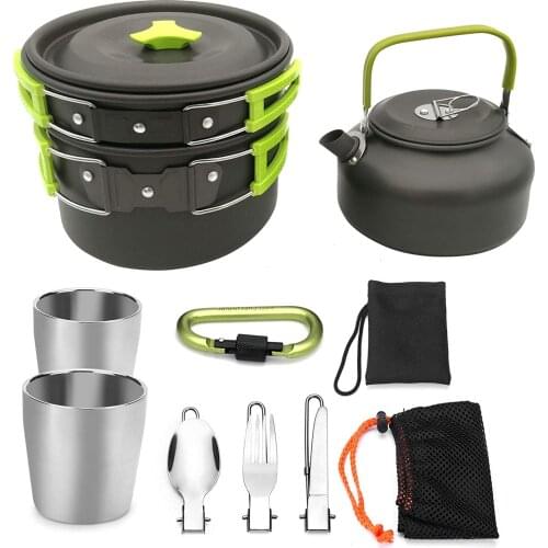 9pcs/ set outdoor camping pot teapot cup combined with portable picnic cookware set