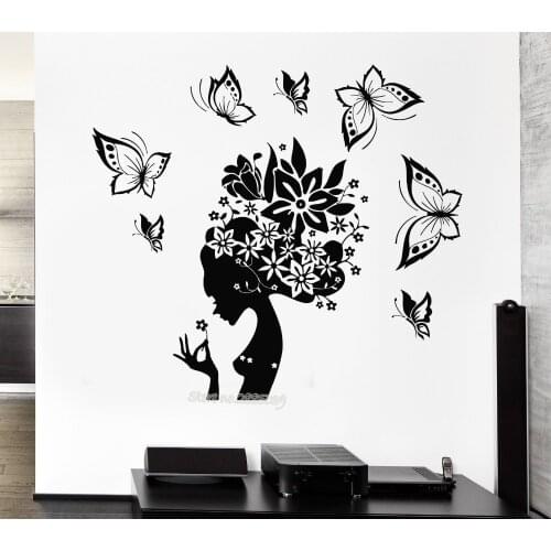 Newest Design Wall Decals Pretty Butterfly Beauty Salon Woman Abstract Hair Stickers Girl Rooms Art Decor Hall Poster Wall LA478