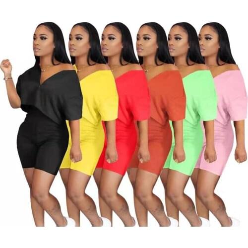 Pure Color Two Piece Set Women Tracksuit Summer Clothes Short Sleeve Crop Top Biker Shorts Lounge Set Dresy Damskie 2020