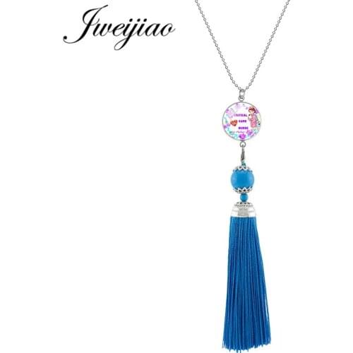 JWEIJIAO Keep Calm and Nurse On Letter Charms Necklaces Long Fringed Tassel Glass Cabochon Photo Pendant Bohemia Jewelry NR06