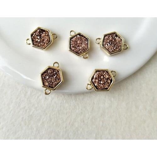 5pcs Rose color Plated Hexagon Agat e Druzy Geode Pendant Charms Connector Double Bail DIY Making Bracelet necklace Jewelry CT85