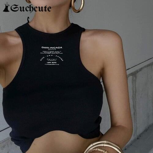 SUCHCUTE Letter Print Casual Basic Slim Outfits Ribbed Tops For Women Summer Korean Style Simple Crop Top Harajuku Streetwear