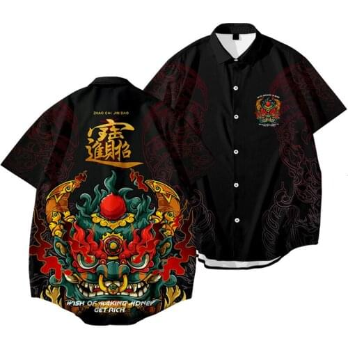 Chinese Cartton Printed Men Short Sleeve Hawaiian Streetwear Male Blouses Tops Japanese Beach Shirts Oversize 6XL