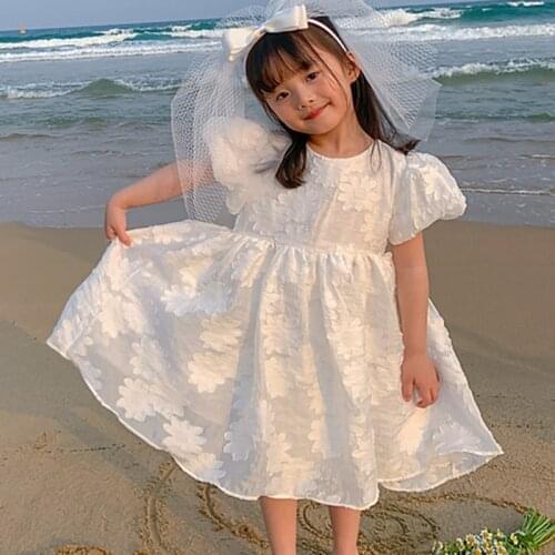 Summer Girl White Sundress Children Flower Bubble Sleeve Princess For Birthday Gift Wedding Party dress
