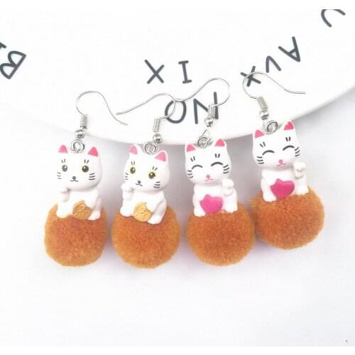 Lovely Animal Cat Red Heart Coin drop Earrings Resin Cartoon Cat Funny Jewelry fluffy ball Lucky Animal Earrings nice gift