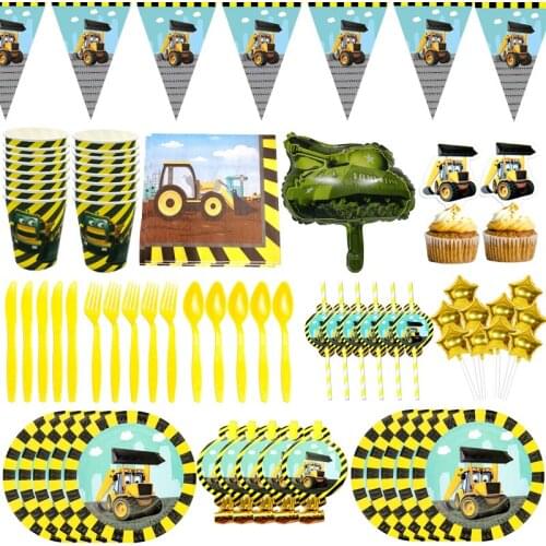 Construction Vehicles Series Kids Birthday Decorations Party Supplies Disposable Tableware Set Plates Cups Napkins Kids Gifts
