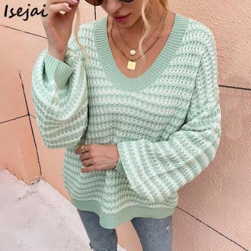 Lantern Sleeve V-neck Sweaters Womens Autumn Winter Pullover Striped Casual Sweater