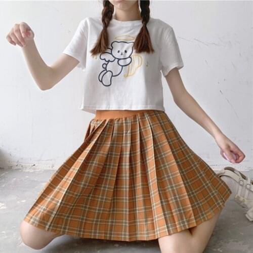 Japanese College jk uniform weet Cute Cartoon Bear Short Navel High Waist Short Sleeve T-shirt Womens Tops school girl shirt
