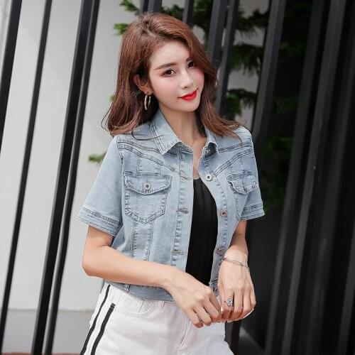 Vintage Women Jacket 2020 summer short sleeve Denim Jackets Washed Blue Jeans Coat Turn-down Collar Outwear Slim Jacket JC175