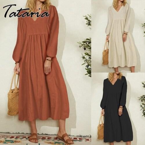 Vintage Cotton Autumn Dresses for Women Casual Long Lantern Sleeve V Neck Loose Dress White Solid Soft Gril Boho Robe Simple2021