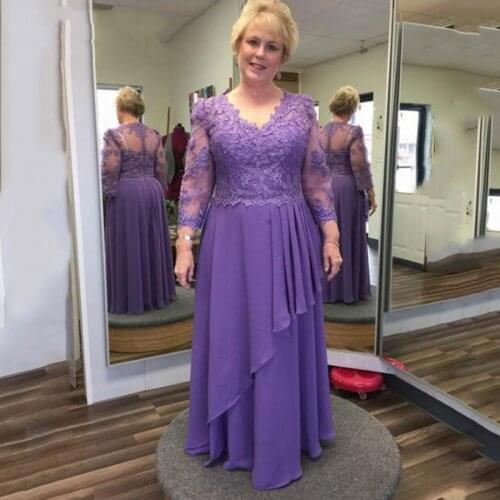 YiMinpwp Light Purple Mother of The Bride Dresses V Neck 3/4 Long Sleeve Floor Length Chiffon Appliques Women Evening Gowns Maxi