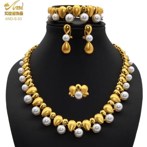Pearl African Set Jewelry Bridal Brazilian Indian Necklace Rings Costume Party Gold Plated Women Dubai Jewelry Set For Wedding