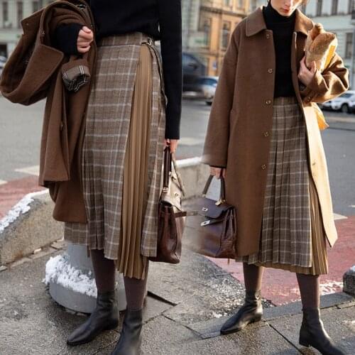 LMQ NEW Women Plaid High Waist Pleated Skirts Streetwear British Style Long Skirts Chic Vintage Style Ladies Bottoms