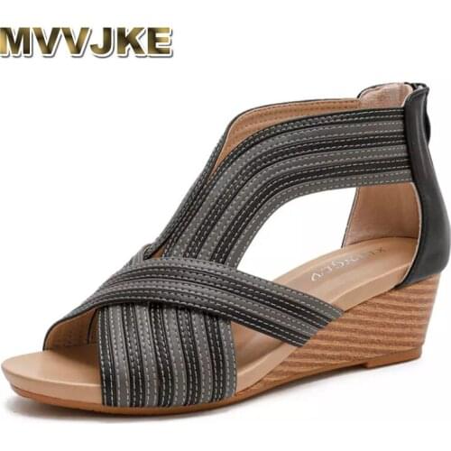 MVVJKESimi Slope Heel Sandals Womens Mid-heel 2021 Summer New European Fashion Casual Bag Heel Zipper Roman Shoes Ladies Sandal
