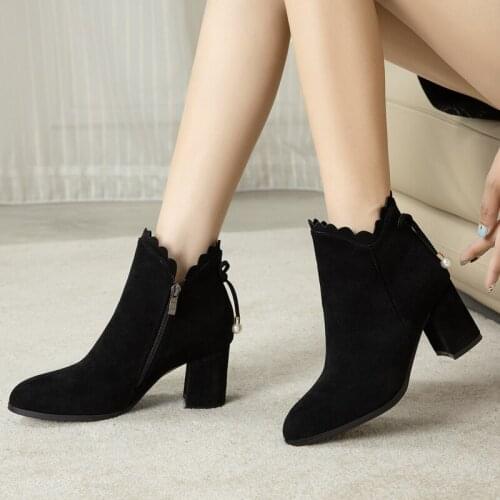 Women Platform Heels Ankle Boots Zipper High Heels Female Booties Shoes Black Round Toe Ladies Shoes Big Size 2021 Autumn