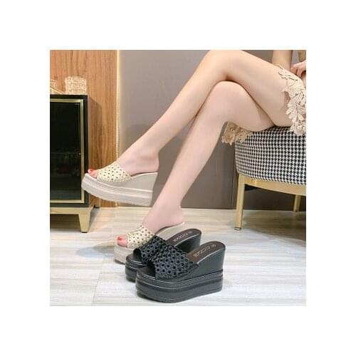 High-heeled slippers female summer 2020 new heightened fashion sandals word sandals hollowed out wearing net red slope heel muff