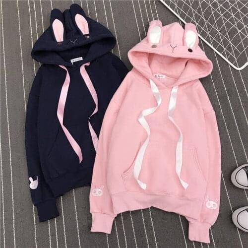Women Cute Hoodies Japanese Loose Cartoon Rabbit Ears Harajuku Print Hooded Jacket Pink Bluzy Students Girl Kawaii Sweatshirts