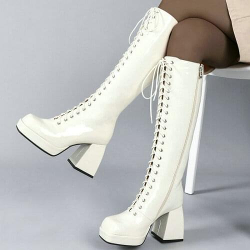Black White Women Knee High Boots Platform Square High Heel Ladies Calf Boots Patent PU Leather Side Zipper Women Lace Up Boots