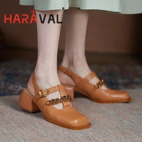 HARAVAL Women Pumps Shoes Elegant Low Heels Elegant Black Brown Square Toe Solid Office & Career Shallow Genuine Leather B189