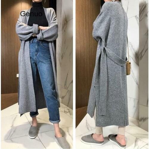 Women 90% Cashmere Cardigan Belt Knit Warm Loose Outwear Long Coat Overcoat