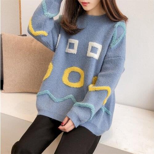 Women Casual Long Sleeve Knitted Sweater Pullover Loose Jumper Tops Knitwear Winter Color Patchwork O-neck Sweaters Fashion