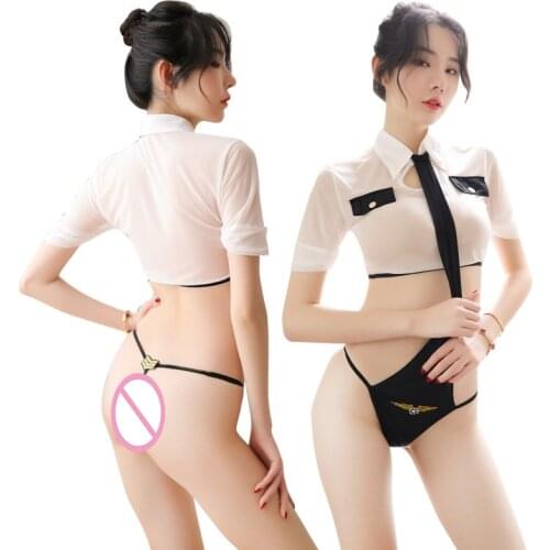 Women Sexy Police Uniform Costume Ladies Transparent Mooning Lingerie Set Air Hostess Role Play Lace Outfit