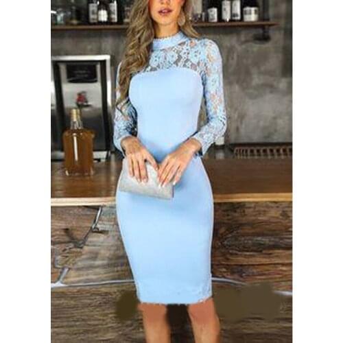 2020 Elegant Light Blue Knee Length Cocktail Prom Dress High Neck Lace Neck Sheath Cheap Long Illusion Sleeves Homecoming Party