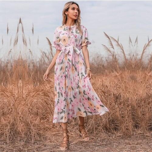 Summer Womens 2021 Bohemian Floral Print Maxi Dress Fashion Woman Ruffled Neck Lady Short Sleeve With Belt Elegant Sundress For