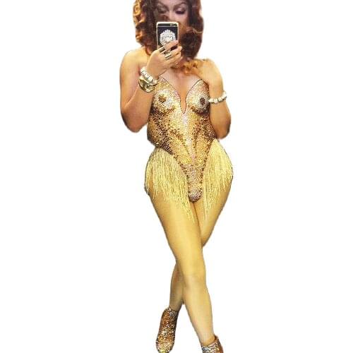 Gold Shining Rhinestones Tassel Bodysuit Women Sleeveless Bodycon Ladies Nightclub Performance Dance Show Wear Uniform Costumes