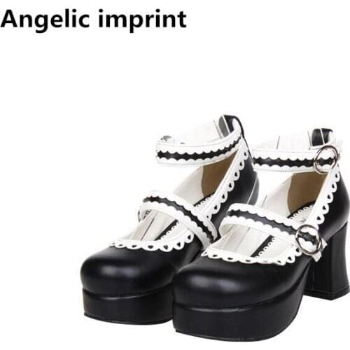Angelic imprint woman mori girl lolita cosplay shoes lady high heels pumps women princess dress party shoes lacework 33-47 7.5cm