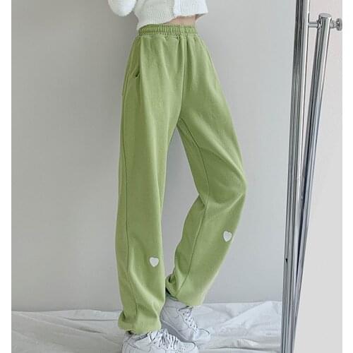 Fresh Green Wide-leg Pants Women Summer Thin Casual Sports Pants Large Size Loose Heart-shaped Embroidered High-waisted Trousers