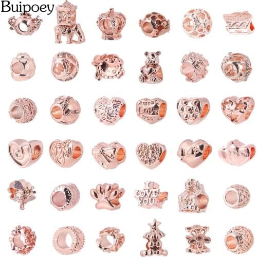 Buipoey 1pcs Zinc Alloy Rose Gold Heart Beaded Charm Beads Fit Original Bracelet & Necklace Women Jewelry Accessory Bead