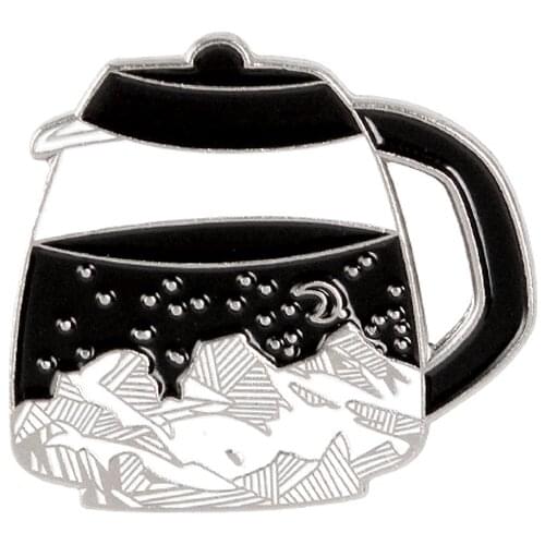 Kettle coffee pot Water cup Brooch with starry sky Fashion creative black and white badge Denim Wear lapel pin