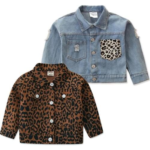Girls Jacket 2021 New Children Leopard Outerwear Baby Girl Fashion Denim Jacket Spring Autumn Kids Long Sleeve Jean Coat 2-6T