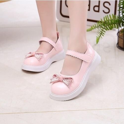 3-12 Year Princess Elegant School Shoes For Lights Girl Kid Dress Fashion Pearl Bow ChildrenS Show Shoe Autumn Leather Sneakers