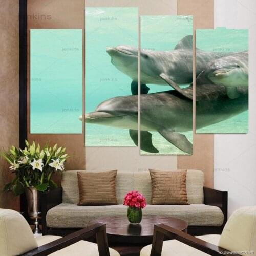 Hd Printing Wall Art Posters Two Dolphins Swim 4 Pieces Frameless Canvas Paintings Home Decoration Pictures for Living Room