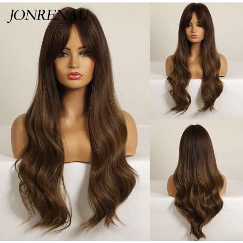 JONRENAU 27.5 Inch Ombre Light Medium Brown Blonde Wavy Wig for Women Daily Cosplay Silky Full Heat Resistant Synthetic Wigs