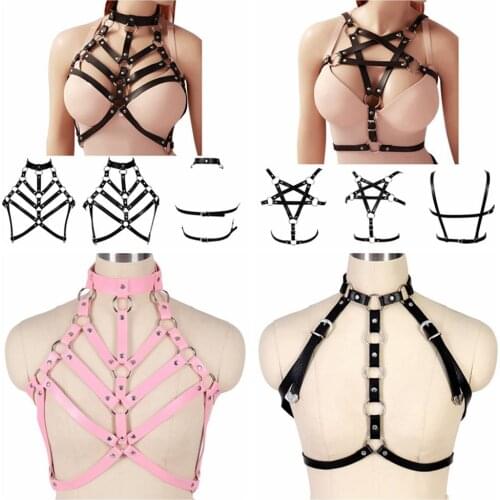 Pentagram Erotic Lingerie Set Punk Faux Leather Tops Cage Bra Goth Harness Women Belt Waist Size Suspender Costume Pole Dance