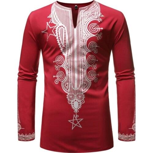 Red Dashiki Print Men African Clothes 2020 Autumn New Slim Fit Long Sleeve African T Shirt Men Streetwear Casual Tee Shirt Homme
