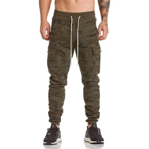HOT 2019 Outdoor mens cargo camoflage Cargo Fitness muscle GYM Running jogging pants Drawstring foot side pocket trousers