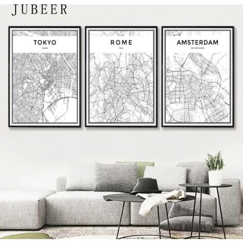 London Paris New York Tokyo World City Map Posters Nordic Style Wall Art Canvas Picture Black and White Painting for Living Room