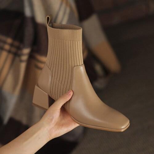 2021 New autumn and winter Martin boots thick mid-heel square toe short boots womens knitted thin thin socks boots elastic