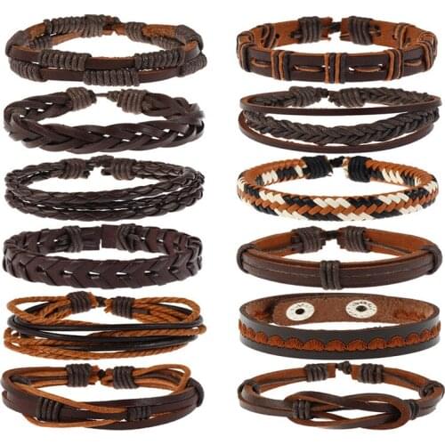 Wholesale 12PCS/set Mix Styles Braided Multilayer Leather Bracelets For Men Wrap Bangle