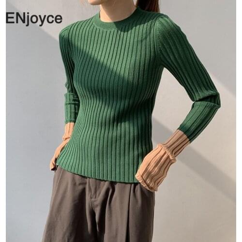 Autumn Winter Vintage Green Splicing Women Knitted Sweaters Lady Slim Office Tops Long Sleeve Pullover Female Sweater