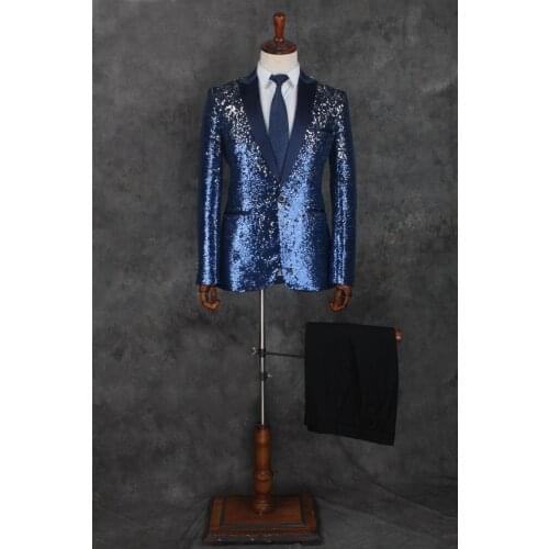 100%real mens black/blue/ golden sequined embroidery luxury tuxedo suit /event/evening/stage/stuido