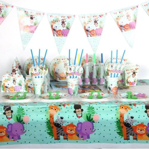 Safari Park party supplies 90 pieces of birthday party cutlery set, plate + cup + napkin + banner + straw party supplies